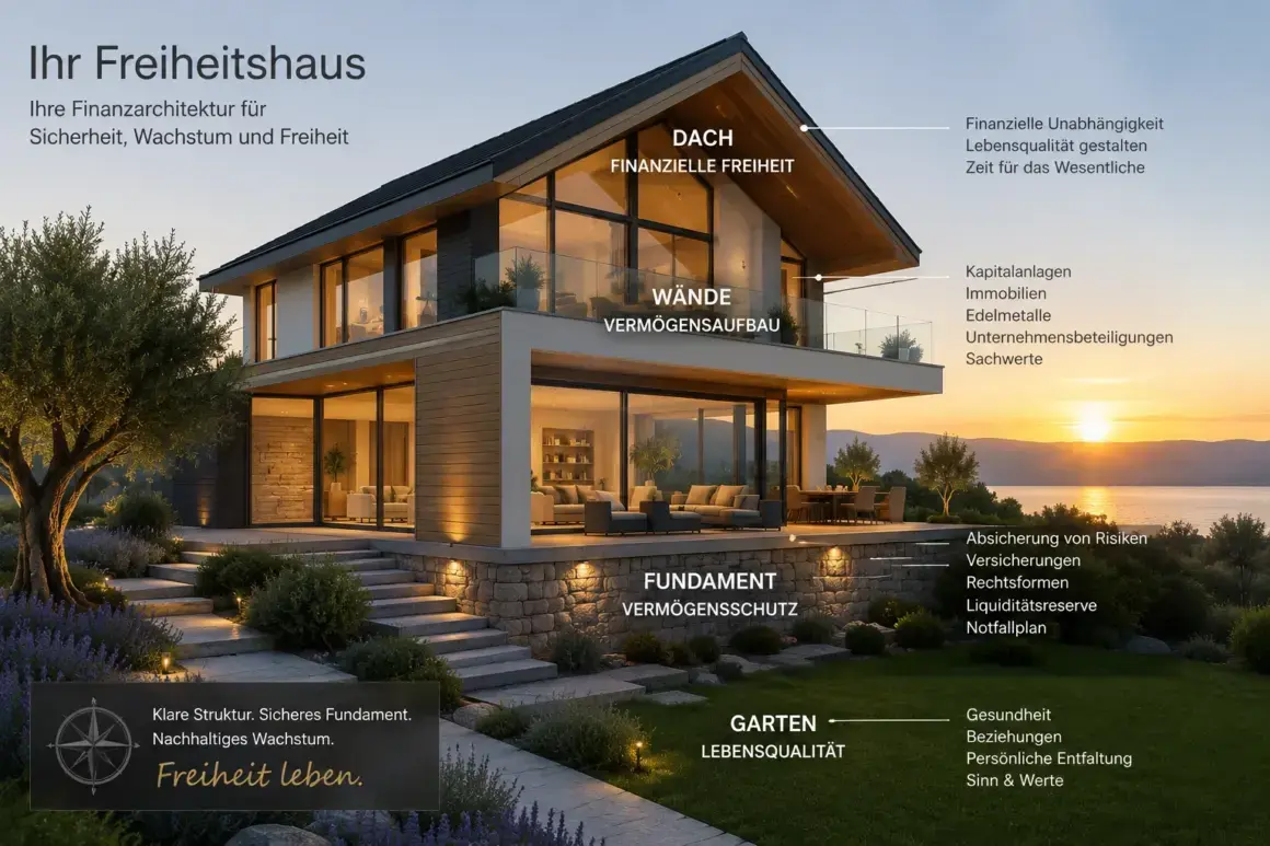 Grafische Darstellung eines Hauses mit Fundament, Geschossen und Dach