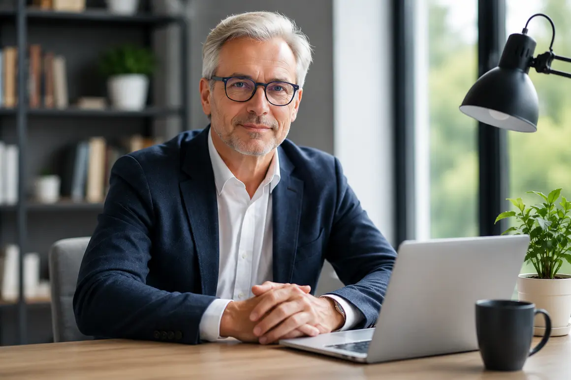 Älterer Unternehmer blickt nachdenklich aus dem Bürofenster